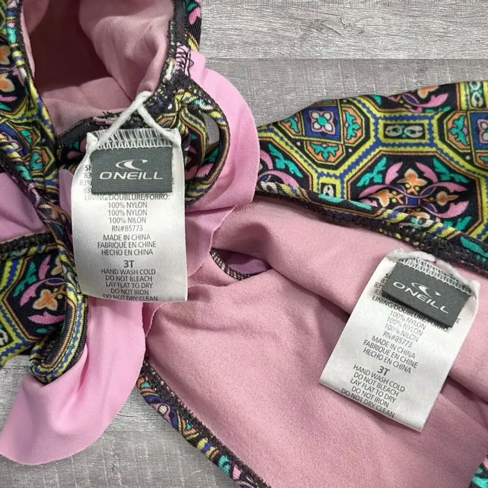 O’Neill Swimsuit 2T/3T Evelyn Two Piece Tankini Set Pink Ruffle Green Geometric